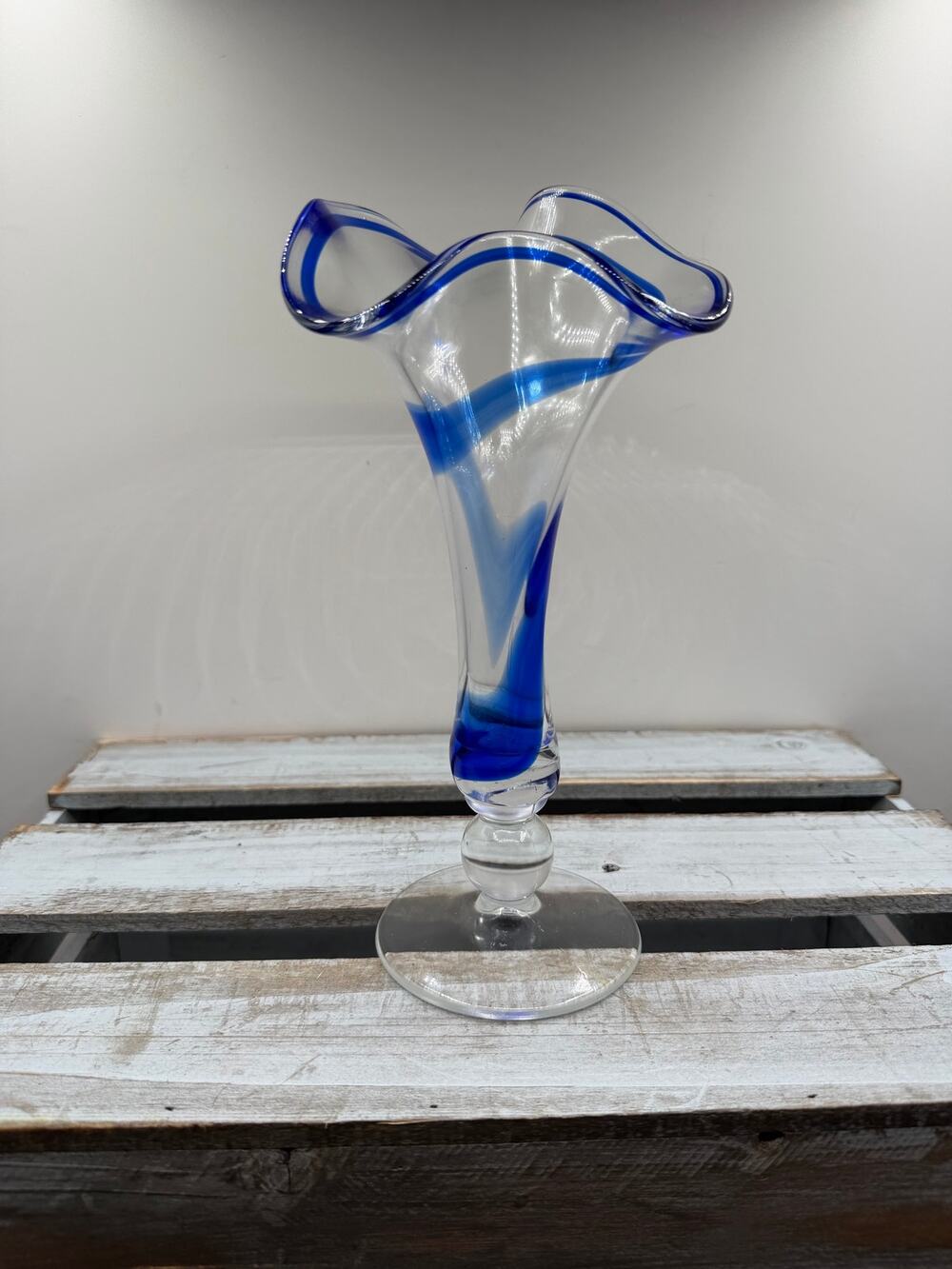 Hand Blown Art Glass Vase -Cobalt Blue Swirl-Ruffled Rim-Jack in the Pulpit-9.5"